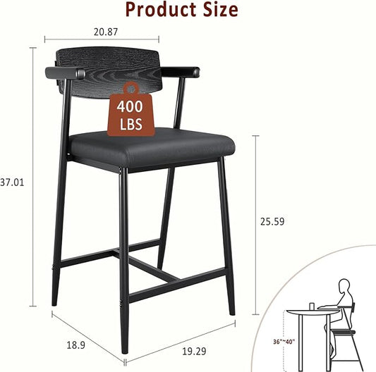GarveeHome Counter Height Bar Stools Set of 2 with Arms, 26" Upholstered Modern Bar Stools Set with Wood Back & Footrest for Kitchen Island, Counter Bar, Wider Seat, Easy Assembly,Retro Black