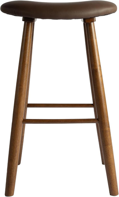Nora 30" Upholstered Bar Stool, Backless Saddle Seat with Faux Leather Cushion, Solid Rubber Wood Frame in Brown Finish, Ideal for Kitchen Island or Home Bar Use