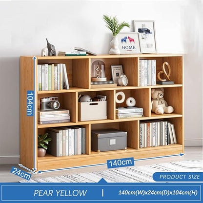 IOTXY Open Shelf Low Bookcase - Wooden 3-Tier Floor Standing Display Cabinet Organizer with Base, 10 Cubes Short Horizontal Bookshelf in Pear Yellow