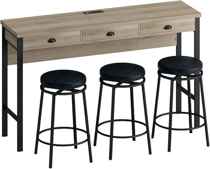 KEIKI 60.24” Long Bar High Top Dining Table and 3 Stools Chairs Set with Drawer & Power Outlet, Wood Behind Couch Sofa Counter Height Pub Furniture for Breakfast, Kitchen Living Party Room, Black