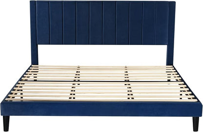 SHA CERLIN King Bed Frame/Velvet Upholstered Platform Bed Frame with Headboard/Strong Wood Slats Support/Mattress Foundation/No Box Spring Needed - Dark Blue