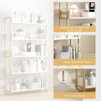 Wide Open Shelf Bookcase - Modern 4-Tier Floor Standing Display Bookshelf with Three-Side Baffles for Home and Office, Storage Shelving in Warm White with Gold Frame