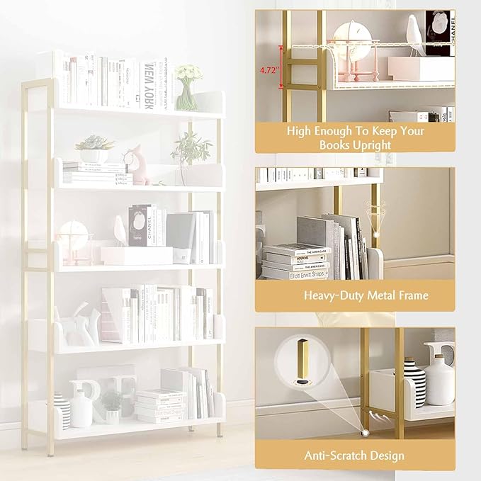 Wide Open Shelf Bookcase - Modern 5-Tier Floor Standing Display Bookshelf with Top Edge for Home and Office, Storage Shelving in Warm White with Gold Frame
