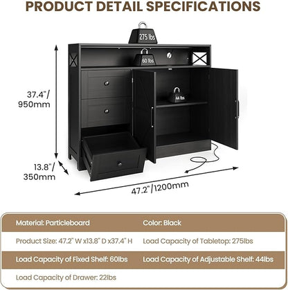 47" Farmhouse Sideboard Buffet Cabinet with Storage & Built-in Power Outlet,Coffee Bar Table Kitchen Buffet Cabinet with 3 Drawers and Barn Doors, Adjustable Shelves for Living Room Dining Room Black