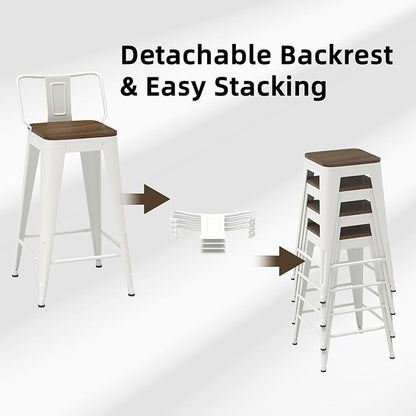 30 Inch Swivel Bar Stools Set of 4, Counter Height Bar Stools with Low Back, Metal Industrial Bar Chairs for Kitchen Island (White)