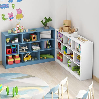 IOTXY Open Shelf Low Bookcase - Wooden 3-Tier Floor Standing Display Cabinet Organizer with Base, 7 Cubes Short Horizontal Bookshelf in Pear Yellow