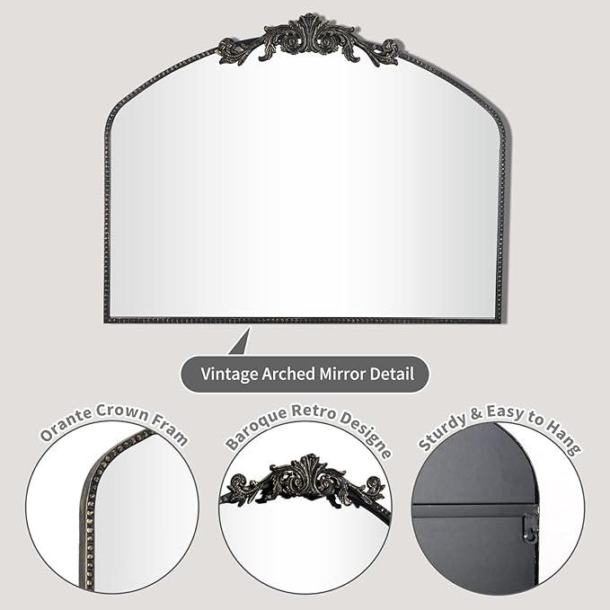 AIXI HOME Vintage Black Arched Mirror 40"X31", Antique Baroque Mantel Wall Mirror with Black Brush Gold Metal Ornate Frame for Entryway/Fireplace/Living Room/Hallway/Bathroom/Bedroom