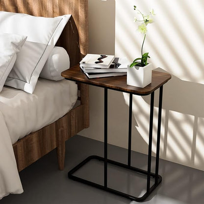C Shaped Side Table, Small End Table MDF Black Walnut Coffee Table, Modern Simplicity C End Table with Steel Frame for Living Room, Bedroom (Black Walnut)