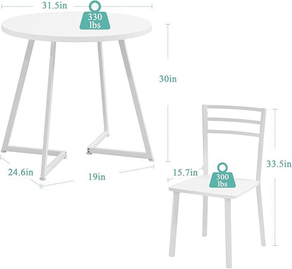 VECELO Small Round Dining Table Set for 2, Wood Tabletop with Strong Metal Frame, Modern Dinette with Chairs for Kitchen, Breakfast Nook Living Room, Pure White