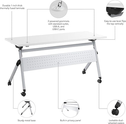 Bush Business Furniture Folding Training Table, 60 inch Desk with Powered Grommets, Commercial-Grade Bundle for Office or Classroom, Envision Collection, White