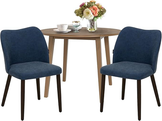 COLAMY 3-Piece Extendable Dining Table Set for 2, 36" Kitchen Round Wood Table with 2 Wooden Dining Room Chairs,Light Brown/Blue