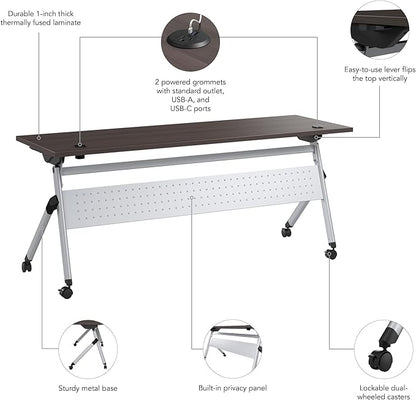 Bush Business Furniture Folding Training Table, 72 inch Desk with Powered Grommets, Commercial-Grade Bundle for Office or Classroom, Envision Collection, Gray