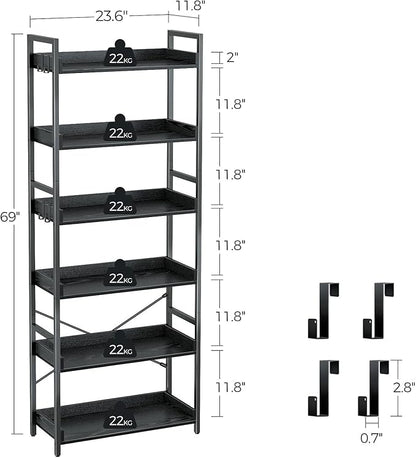 Rolanstar Bookshelf 6 Tier with 4 Hooks, Industrial Bookcase, Vintage Storage Rack with Open Shelves, Rustic Standing Bookshelves Metal Frame Display Rack for Living Room, Bedroom, Black