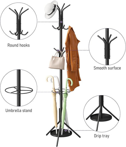 Coat Rack Freestanding,Entryway Hanger Stand,Umbrella Holder,Hall Tree With 12 Hooks, Floor Standing Metal Tree Stand,Black