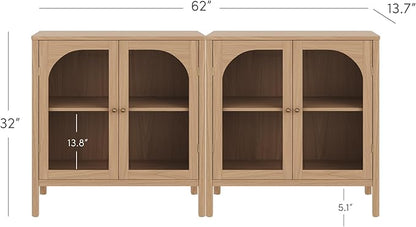 Nathan James Mason Modern Farmhouse TV Stand, Free Standing Accent Sideboard Buffet, Cabinet with Glass Doors and Adjustable Shelf, Clear Glass/Raw Oak Set of 2
