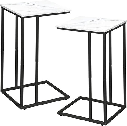 C Shaped Side Table Set of 2, Marble End Table for Sofa and Bed, Couch Table That Slide Under, Snack Side Table for Living Room, Bedroom or Small Spaces, White and Black