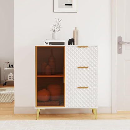 Rovibek Modern Sideboard Cabinet with Storage, Small Kitchen Buffet Cabinet with Glass Door & 3 Drawers, 31" Accent Sideboard Buffet for Kitchen, Living Room, White