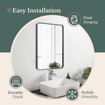Hamilton Hills 24x36 Inch Metal Black Frame Mirror for Bathroom - Brushed Rectangular Rounded Corner Vanity - 2" Deep Set Design Large Wall Mirrors Decorative - Hangs Horizontal and Vertical