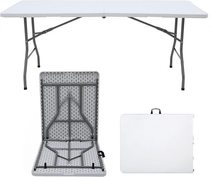 Folding Table 6 FT Lightweight Portable Plastic Fold-in-Half Utility Foldable Table suitable to hold large, Plastic Dining Indoor Outdoor for Camping, Picnic and Party, White(27.5"D ×70.8"W ×29.1"H)