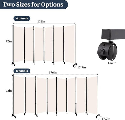 Room Divider Folding Privacy Screens with Lockable Wheels, 176'' Fabric Partition Room Dividers Freestanding Room Divider Panel for Room Separation, Wall Divider for Home Office Bedroom Studio Decor