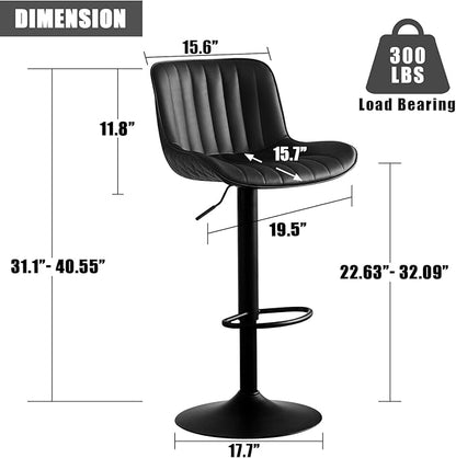 YOUNIKE Black Bar Stools Set of 2 Kitchen Counter Height Barstools with Back Modern Swivel Faux Leather Padded Bar Chair Adjustable Tall Upholstered Breakfast Island Chairs
