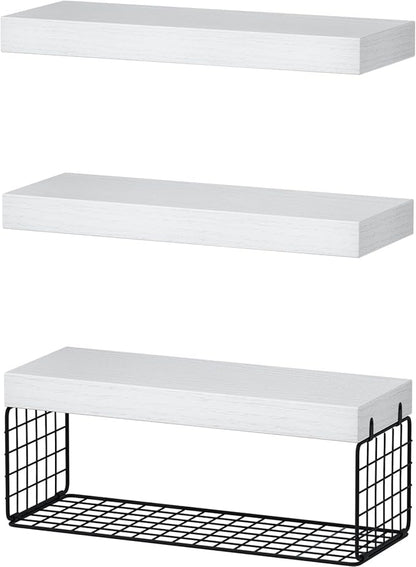 QEEIG Bathroom Shelves Over Toilet - Wall Mounted Floating Shelves Toilet Paper Storage Small Farmhouse Decor Shelf 16 inch Set of 3, White and Black (019-WB3)
