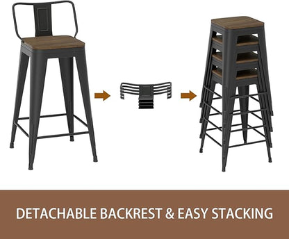 26 Inch Swivel Bar Stools Set of 4, Counter Height Bar Stools with Low Back, Metal Industrial Bar Chairs for Kitchen Island (Matte Black)