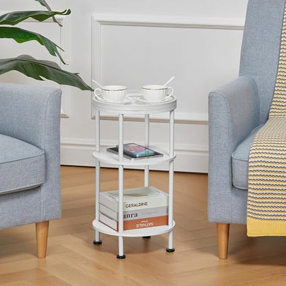 Small Round End Table with Charging Station, 3-Tier Accent Couch Beside Table with USB Ports & Power Outlets, Sofa Side Table for Living Room Small Nightstand Bedroom (Classic, White)