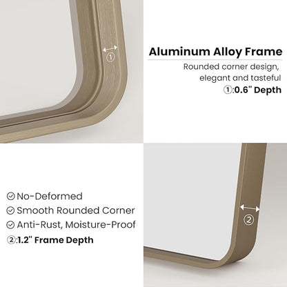 Bronze Bathroom Mirror 20x30 Inch, Brushed Bronze Metal Frame Mirror for Wall, Rounded Rectangle Bathroom Vanity Mirror with Tempered Glass, Anti-Rust, Horizontal/Vertical