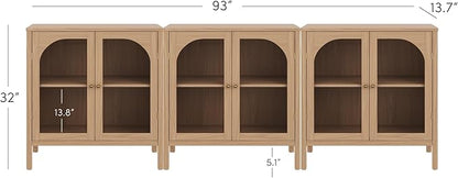 Nathan James Mason Modern Farmhouse TV Stand, Free Standing Accent Sideboard Buffet, Cabinet with Glass Doors and Adjustable Shelf, Clear Glass/Raw Oak Set of 3