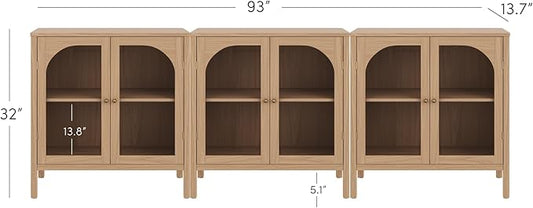 Nathan James Mason Modern Farmhouse TV Stand, Free Standing Accent Sideboard Buffet, Cabinet with Glass Doors and Adjustable Shelf, Clear Glass/Raw Oak Set of 3