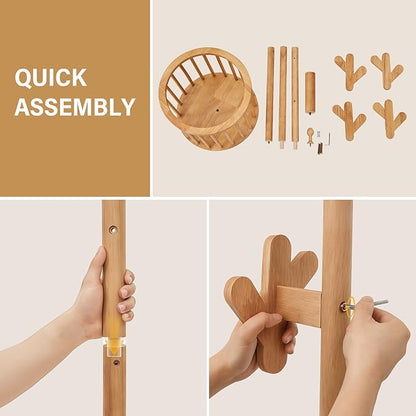 CozyDH Solid Wood Coat Rack Freestanding with Lockable 360° Rotary Casters, Coat Tree Stand with Umbrella Holder & Laundry Basket Storage & 12 Hooks, Natural