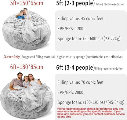 (No Filler) Bean Bag Chair Cover Without Filler,Big Round Soft Fluffy PV Velvet Washable Bean Bag Lazy Sofa Bed Cover for Adults,Living Room Bedroom Furniture Outside,6ft Dark Grey