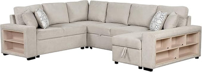 109" U-shaped Sectional Pull-out Sofa Bed with Storage Chaise,2-in-1 Convertible Couch W/ 4 Back Pillow & 2 USB Ports,Luxurious Sleeper Furniture Set for Living Room Large Space,Beige Chenille