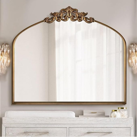 WAMIRRO Ornate Gold Mirror,Vintage Arched Baroque Antique Mirorrs for Living RoomHallwayFireplaceBathroomEntryway 36"X30"