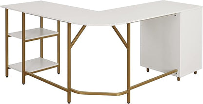 Techni Mobili L Shaped Desk - Two-Toned Computer Desk with Drawers & Storage Shelves - Simple Modern Furniture & Home Office Space Corner Table for Work & Writing