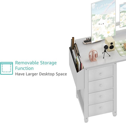 Lufeiya White L Shaped Desk with Drawers & Storage Shelves, 55 Inch Corner Computer Desk with Power Outlet for Home Office Bedroom, L-Shaped Teen PC Desks with Fabric Drawer, White