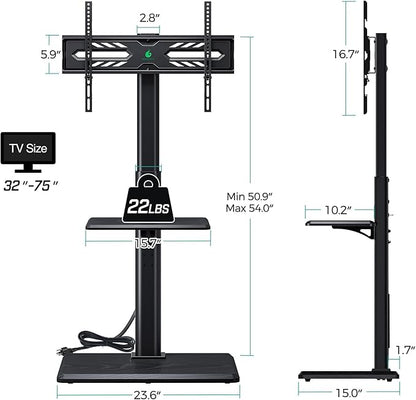 Greenstell TV Stand with Power Outlet & AV Shelf, Universal Floor TV Stand for 32-75 inch TV, Swivel Tall TV Mount Stand, Holds up to 110 LBs,Height Adjustable and Wood Base, Max VESA 600x400mm,Black