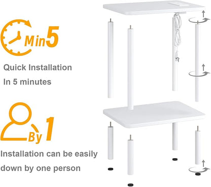 Apicizon 2 Tier End Table, Small Side Table with Charging Station, Boho Bedside Table with USB Ports and Outlets, Nightstand for Small Spaces, Bedroom, Living Room, Entryway, Easy Assembly, White