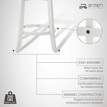 Armen Living Blair 30 in. Matte White Bar Height Rubberwood Swivel Barstool with Fog Fabric Seat - Set of 4