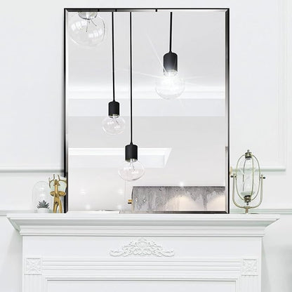 24x32 Inch Black Mirror with Beveled Trim, Aluminum Frame Bathroom Vanity Mirror, Modern Rectangular Wall Mounted Mirror