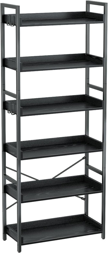 Rolanstar Bookshelf 6 Tier with 4 Hooks, Industrial Bookcase, Vintage Storage Rack with Open Shelves, Rustic Standing Bookshelves Metal Frame Display Rack for Living Room, Bedroom, Black