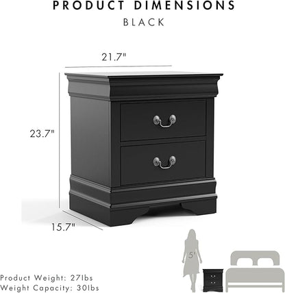 Furniture of America Arabella Traditional Solid Wood Nightstands Set of 2, Bedside Table with Drawers and Antique Nickle Handles, No Assembly Wooden Night Stands for Bedrooms, Guest Room, Dorm, Black