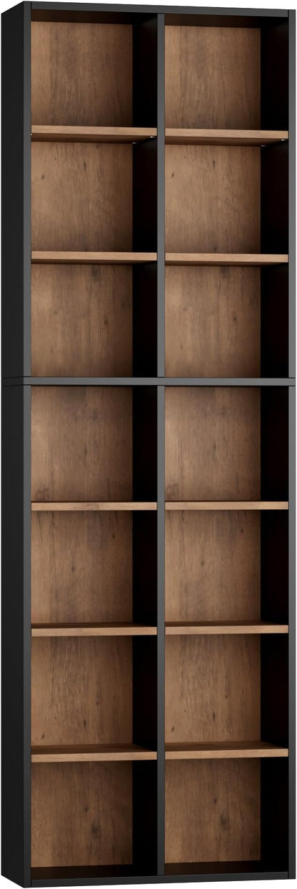 FOTOSOK 71'' Tall Bookshelf, Double Wide Media Tower Rack CD DVD Rack Display Cabinet with Adjustable Shelves, Tall Narrow Bookcase Bookshelf for Home Office, Black/Brown