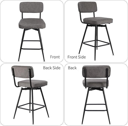 Swivel Counter Height Bar Stools Set of 2, Faux Leather Bar Stools with Back, Metal Legs and Footrest, 26" Seat Height Barstools for Kitchen Islands and Home Bars, Easy Assembly, Grey&Black