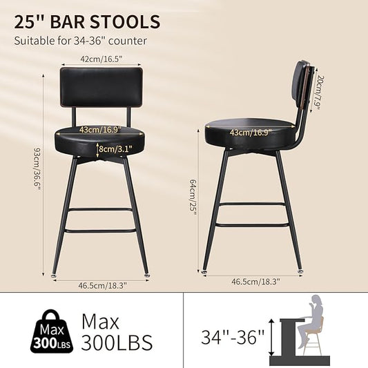 Bar Stools, 25 Inch Swivel Counter Height Bar Stools Set of 2, Black Faux Leather Swivel Bar Stool with Wood Back & Metal Legs for Kitchen Island Pub, Black