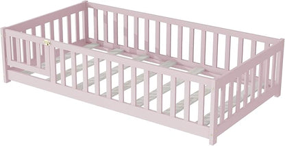 Twin Floor Bed Frame with Slats and Safety Guardrail, Wood Twin Size Montessori Floor Bed with Door and Fence, Easy Assemble Montessori Beds for Kids, Girls, Boys, Pink