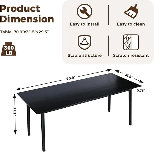 DELAVIN 70.8" Large Solid Wood Dining Table for 6-8 People, Mid Century Modern Rectangular Oak Kitchen Table, Farmhouse Dining Room Table, Easy Assembly, Black