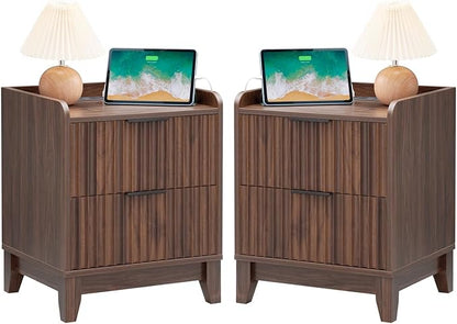 Wnutrees Fluted Nightstand with Charging Station, Modern Bedside Table with 2 Drawers, Farmhouse Wooden End Side Table for Living Room, 2Pack, Brown