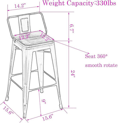 24 Inch Swivel Bar Stools Set of 4 with Backs Counter Height Industrial Metal Barstools Island Bar Chairs for Home Kitchen Dining Room (Swivel 24 inch, Silver Wooden)